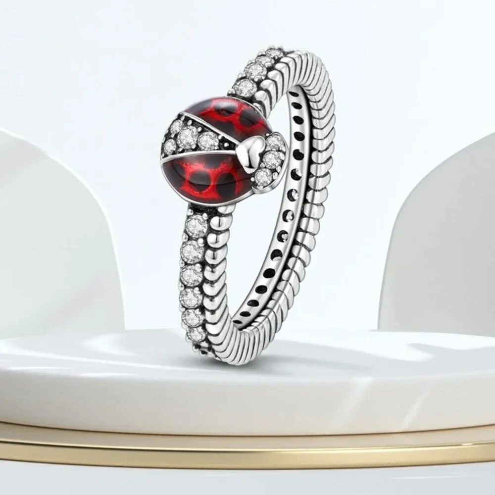 New Ladybug Ring Sz 6 S925 Solid Sterling Silver Red Enamel CZ Whimsical